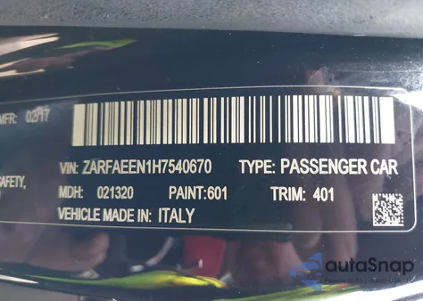 2017 Alfa Romeo Giulia Ti Awd z USA, uszkodzony, nr VIN ZARFAEEN1H7540670